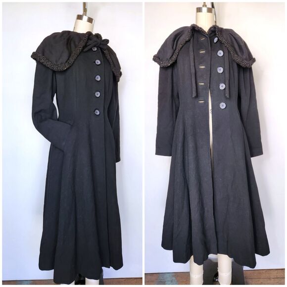 40s 50s Black WOOL Princess Coat w Large Collar Fit and Flare Wasp Waist Coat XS - Picture 5 of 10